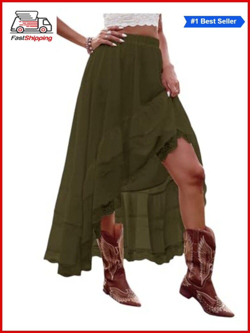✨SHENHE Women's Boho High Low Asymmetrical Lace Ruffle Hem Maxi Skirt